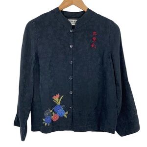 Chico's Asian Dragon Silk Jacket Womens‎ Size 0 / Small Black Vintage Floral